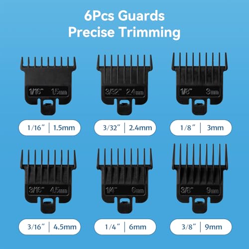 6Pcs Hair Clipper Guards Compatible with Baybliss FX787 and Andis T Outliner G, GO, GTO, ORL, LS2, LS3, PLS, PMT-1, RT-1, SLII, Trimmer Guards Replacement - 1/16" to 3/8", Black Color