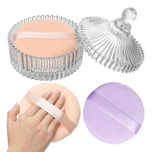 3 Pcs Extra Large Body Powder Puff and Container - 6 Inch Glass Dusting Powder Container with Puff, Body Powder Puff for Women Soft Washable Reusable Fluffy Makeup Wet Dry