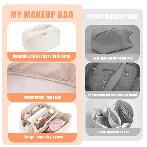 Women's Cosmetic Organizer, Travel Cosmetic Bag, Waterproof PU Leather Toiletry Bag with Handle and Transparent Compartment
