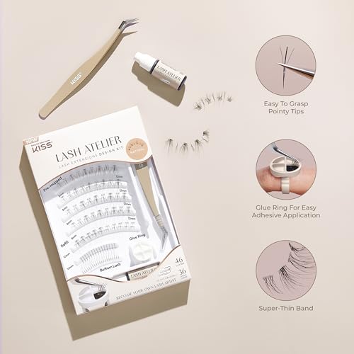 KISS Lash Atelier Professional Lash Extension Kit, ¡®Natural¡¯, Pre-Mapped False Eyelashes, 46 Lash Clusters & 36 Individual Lashes, Last For Up To 7 Days, Glue Ring, Applicator (Pack of 2)
