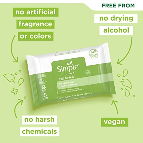 Simple Kind to Skin Facial Wipes Gentle and Effective Makeup Remover Cleansing Free from color and dye, artificial perfume and harsh chemicals 25 Wipes