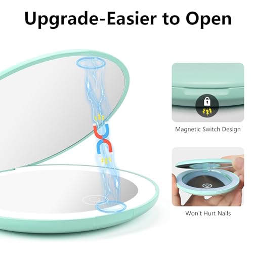 Rechargeable 15X Magnifying Pocket Mirror for Travel Makeup Compact 3.5 inch Round Folding Mirror with LED Light, Ideal Gift for Women and Rare Beauty(Cyan)