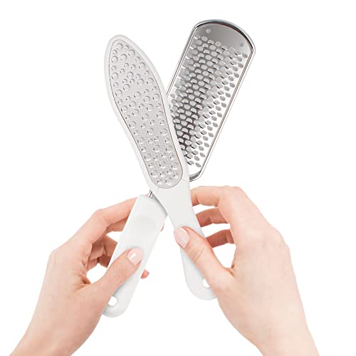 EZGOODZ White Foot Rasp and Double Sided Callus Remover for Feet. Set of Stainless Steel Foot File and Additional Callus Scraper. Professional Pedicure Foot File Callus Remover with Ergonomic Handle