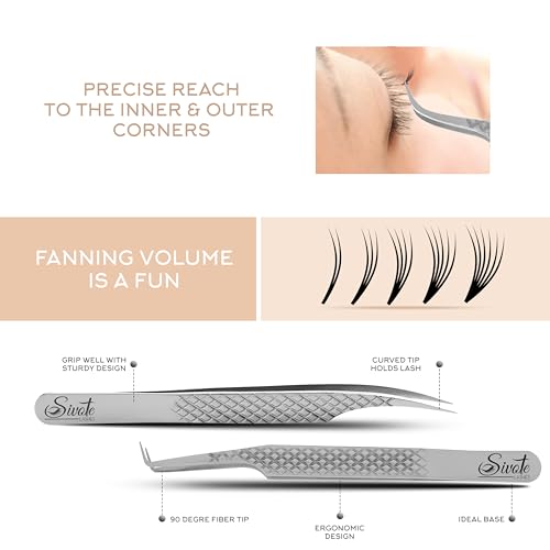 SIVOTE Eyelash Extension Tweezers Fiber Tips Japanese Steel, Set of 6 ? Curved, Dolphin, 90¡Æ 45¡Æ Volume Boot & Slight Curved Tweezer ? Professional Lash Tweezers for Lash Extensions Silver