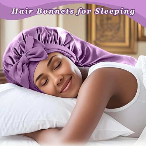 Long Silk Satin Hair Bonnet with Scrunchies for Sleeping - Purple