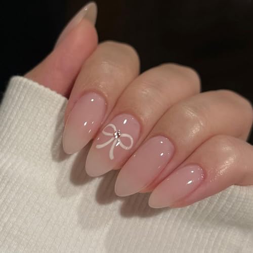 Light Pink Press on Nails Short, Glossy Solid Color Fake Nails, Full Cover False Nails Design with Bow Tie Short Nude Sweet Stick on Nails for Women&Girls Nail Art Decorations 24Pcs