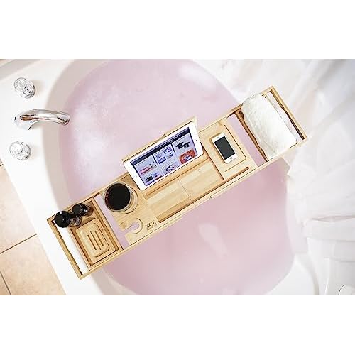 XcE Foldable Bamboo Bathtub Caddy Tray - Expandable to 41 Inches with Non-Slip Pads & Book Stand for Couples Luxury Bath