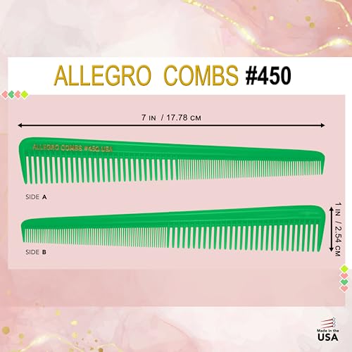 Allegro Combs #450 Tapered Hair Cutting Combs Barber Hairstylist Women's Beard Combs Men's Pocket Combs 3 Units. (Neon Green)