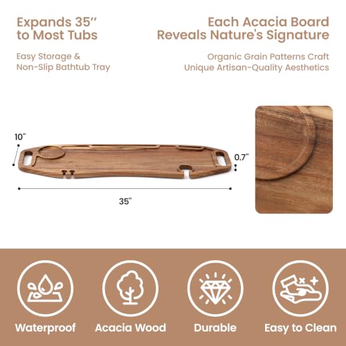 35 Inch Acacia Wood Bathtub Tray with Wine Holder