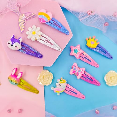 PinkSheep Unicorn Butterfly Hair Accessories - 8 Pairs/16 Pack Metal Snap Clips, Barrettes, and Sparkly Hair Pins for Girls