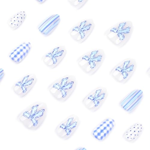 Blue Polka Dots Press On Nails Short Almond 24pc Kit