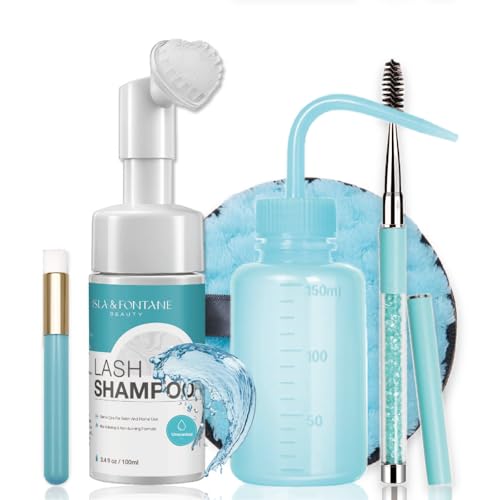 ISLA & FONTANE Lash Shampoo Kit ? 100ml Eyeash Cleanser + 150ml Wash Bottle + Makeup Remover Pad + Lash Cleansing Brush + Mascara Wand | Lash Bath for Extensions & Natural Lashes (Unscented 100ml)