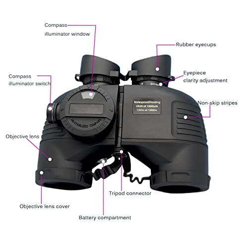 7x50 HD Waterproof Military Marine Binoculars w/Internal Rangefinder & Compass for Bird Watching,Boating and More(Black)