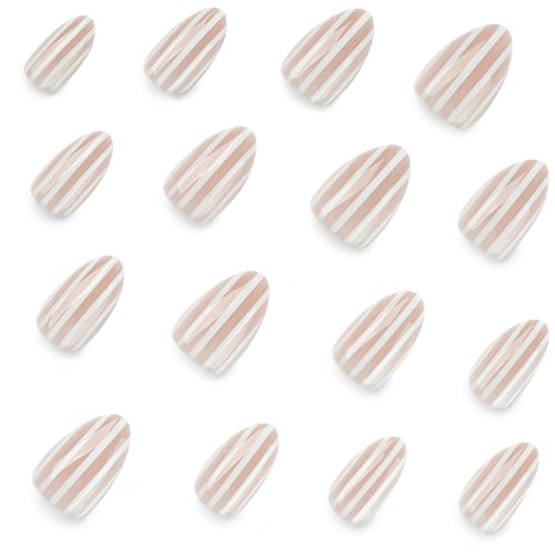Short Almond Press-On Nails – Pink & White Stripe Artificial Nails Theme