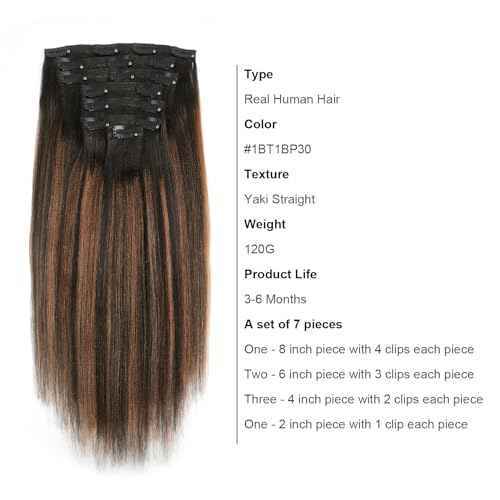 ABH AMAZINGBEAUTY HAIR Yaki Straight Human Hair Clip ins Rooted Black Piano Natural Black #1B Fading into Light Auburn #30 Two Tone Light Yaki Clip ins for Black Women Human Hair 12 Inch 120G 7Pcs