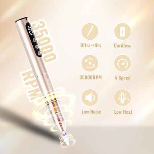 Electric Nail Drill Cordless, 35000RPM Portable Electric Nail File with LCD Display and 12 Nail Drill Bits for Acrylic & Gel Nails, Professional Manicure & Pedicure Kit Set Golden