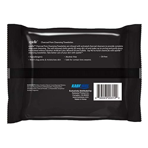 Epielle Charcoal Makeup Remover Wipes, Pore Cleaning Facial Cleanser Towelettes, Purifying & Detoxifying, Remove Dirt, Oil, Waterproof Mascara, Stocking Stuffers, 30 Count (Pack of 6)