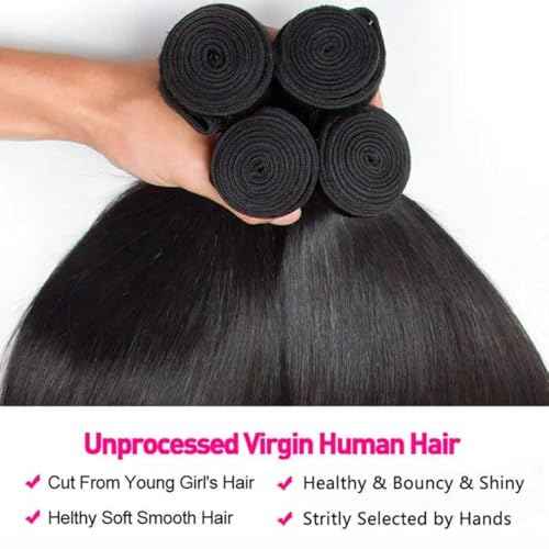 Straight Bundles Human Hair 20 22 24 26 Inch 100% Unprocessed Brazilian Virgin Hair 4 Bundles Hair Extension for Black Women Natural Color