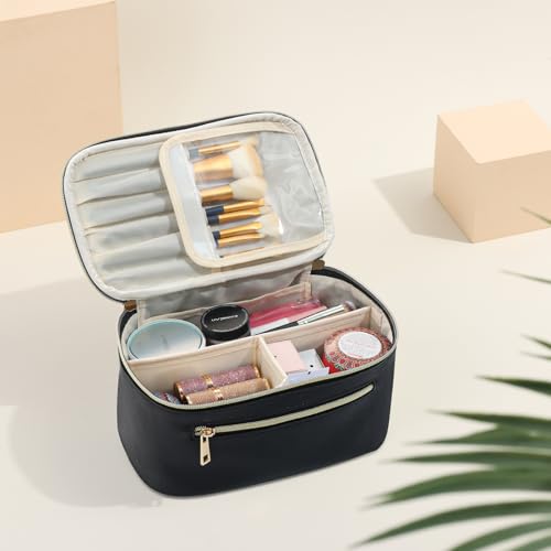 Travel Makeup Bag Organizer, Large Capacity Cosmetic Pouch for Women, Waterproof Make Up with Divider, Clamshell Makeup Case Make Up Bag with Handle and Metal Zipper, Travel Essentials Black