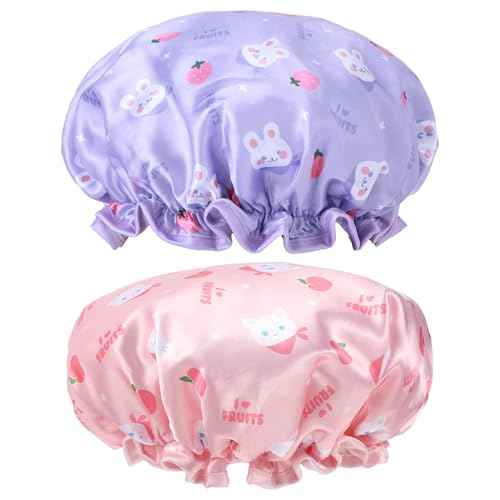 TIESOME Kids Shower Caps, 2 PCS Pink & Purple Waterproof Double Layers Shower Caps Cute Rabbit Bonnets Elastic Band Bonnet Satin and Eva Soft Sleeping Cap Reusable Cap for Kids