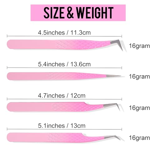 Fiber Tip Lash Tweezers For Eyelash Extension 4 Pcs Tweezers Professional Artist Tech Work Kit Tools,Best Volume Eyelash Lashes Extensions Precision Supplies Volume Boot 90 45 Degree(Omber pink)