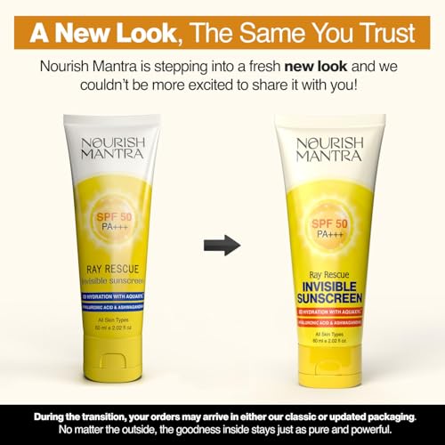 NOURISH MANTRA Ray Rescue Sunscreen/Sunscreen SPF 50/ With Hyaluronic Acid, Aquaxyl, Aloe Vera Extracts & Ashwagandha Extracts/No White Cast, (60 ml (Pack of 1))