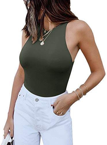 Womens Sexy Sleeveless High Neck Racer Back Halter Thong Bodysuits Leotard Tank Tops Grey Green X-Small