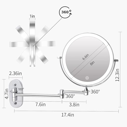 FUNTOUCH 5000mAh Rechargeable Wall Mount Makeup Mirror 1X/30X Magnifying