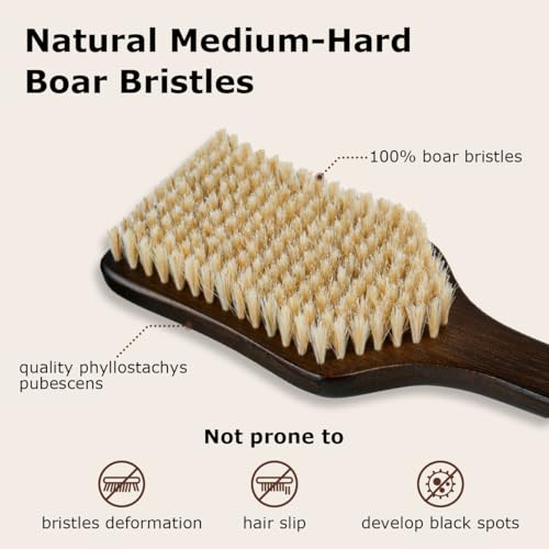 Shower Back Scrubber with Curved Long Handle Medium-Hard Natural Boar Bristles Back Scrubber for Shower for Men and Women Body Brush Exfoliator Set with Foot File(2 Pack)