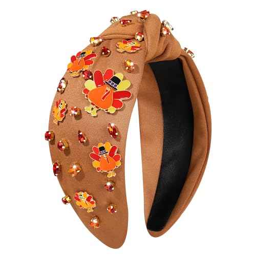 Thanksgiving Headband Fall Pearl Rhinestone Jeweled Knotted Headband Accessories Pumpkin Leaf Print Wide Knot Hairband Thanksgiving Turkey Holiday Headband Hair Accessories Gifts