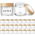 Bumobum 2 oz Small Glass Jars with Plastic Woodgrain Lids, 24 Pack Clear Glass Cosmetic Jars with Inner Liners, 60ml Refillable Empty Sample Containers for Cream, Salve, Powders and Lotion Storage