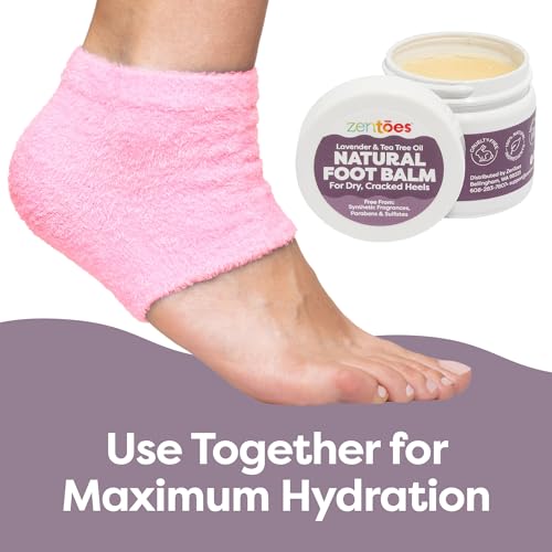 ZenToes Moisturizing Heel Socks with Natural Hydrating Foot Balm Bundle - Home Pedicure Gift Set - Fuzzy Pink Kit