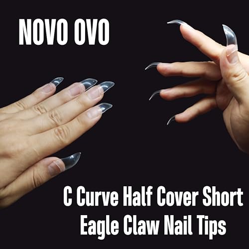 NOVO OVO Nail Tips Curved Stiletto, Clear Gel x Extension kit Half Covel to Make Press on 3D Eagle Claw nails, Thick Extra Hawk Deep Curve Almond French Tips Soft False Fake Acrylic Nail 504pc 12 Size