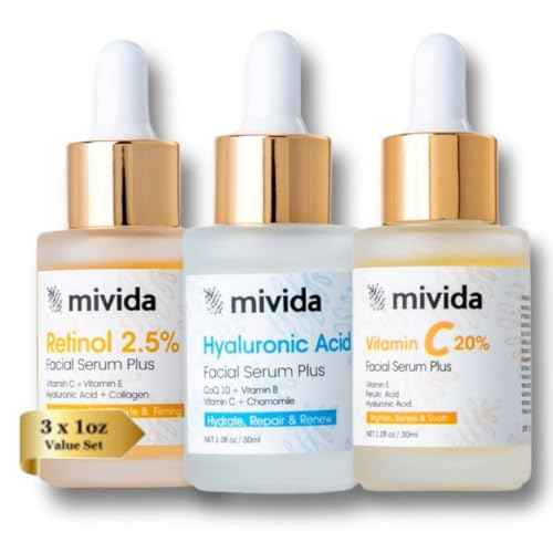 mivida Anti-Aging Serum Trio| 20% Vitamin C + Hyaluronic Acid + 2.5% Retinol Serums For Face | Brightening & Hydrating Skincare Set | Reduces Wrinkles & Fine Lines 3x1floz
