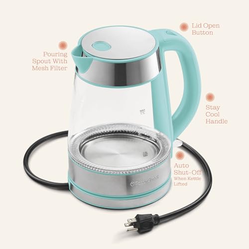 Speed-Boil Water Electric Kettle, 1.7L 1500W, Coffee & Tea Kettle Borosilicate Glass, Water Boiler, Auto Shut-Off, Cool Touch Handle, Base Detachable, LED. 360° Rotation, Boil Dry Protection (Aqua)