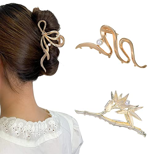 Yonchic 3-Piece Metal Hair Clips, Golden Bamboo Hair Claw for Thin/Medium Thick Hair, Elegant Bowknot Barrettes, Strong Hold Hair Clamps Non Slip Cute Pearl Hair Catch Clip Accessories