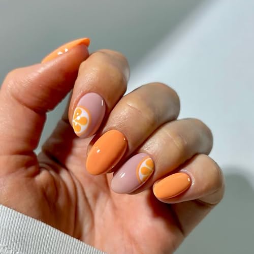 Short Almond Press On Nails - Orange Acrylic Fake Nails for Women