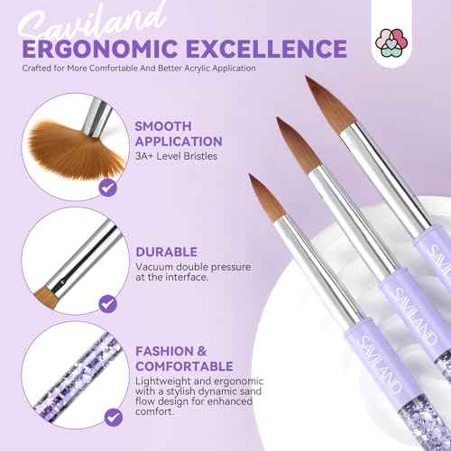 SAVILAND Kolinsky Acrylic Nail Brush Set: Size 6,10,14 Professional Manicure Brushes with Cleaner Tool & Purple Handle for Acrylic Powder,Nail Extensions & 3D Carving - Salon & DIY Nail Art Essentials