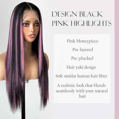 X-TRESS Highlight Pink and Black Wig 13x4x1 HD Lace Front Wigs Pre-plucked with Baby Hair 26Inch Straight Synthetic for white Women black Pink Highlight T-part Lace Halloween Wigs