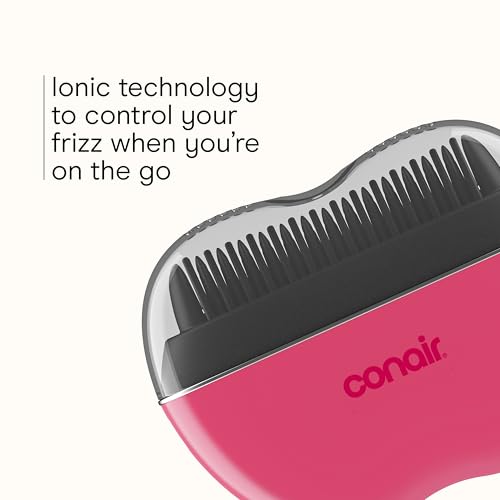 Conair Cordless Heated Brush, Portable Ceramic Ionic Smoothing Brush for Frizz Control & Shine, Rechargeable, 2 Heat Settings, Travel-Friendly Styling Tool with Protective Cover, Hot Pink & Black