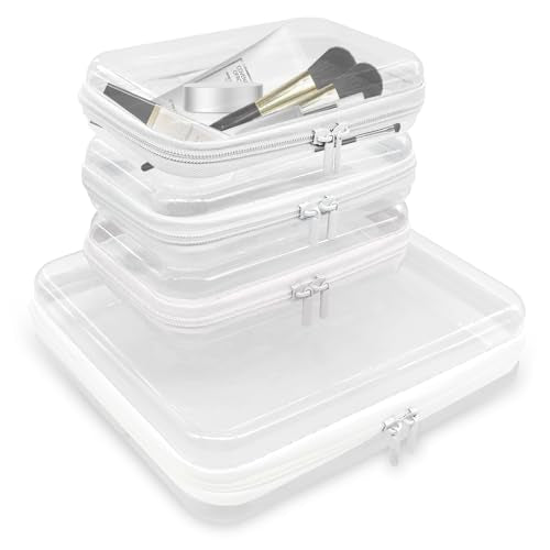 4PCS Clear Hard Zipper Case - Portable Organizer Pouches, Waterproof Plastic Cosmetic Bag,Travel Organizer Box for Cable, Make up Tools and Toiletries£¨White£©