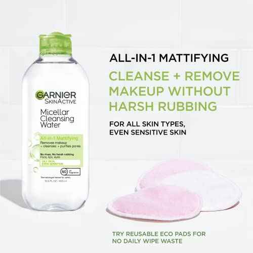 Garnier Micellar Water for Oily Skin, Facial Cleanser & Makeup Remover, Mattifying, For All Skin Types, Vegan, Cruelty Free, 13.5 Fl Oz (400mL), 1 Count