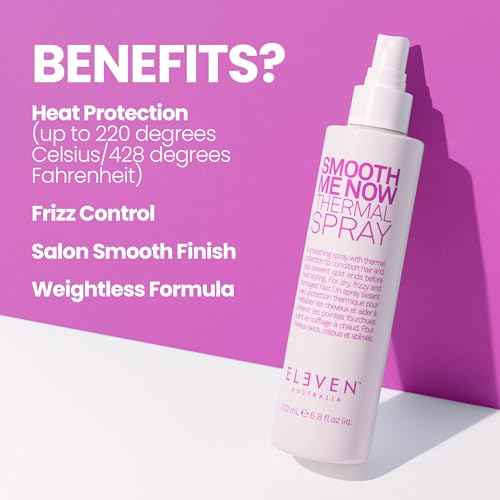 ELEVEN AUSTRALIA Smooth Me Now Thermal Spray for Women & Men - Heat Protectant Spray for Hair, Anti Frizz, Heat Styling Protection for Dry Damaged Hair, Sleek Results, Lightweight Formula - 6.8 fl oz