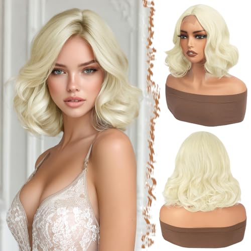 11-12 Inch Blonde Wavy Bob Wig with Middle Part