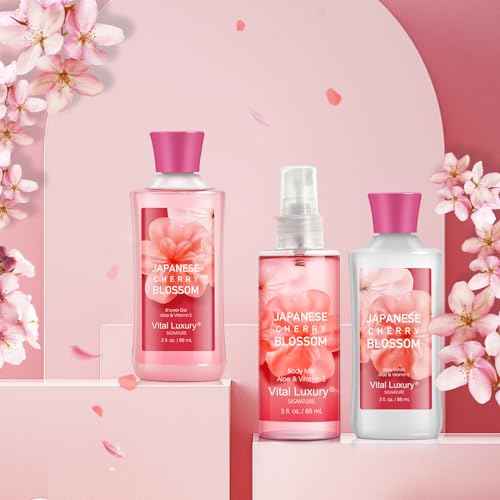 Bath and Body Gift Set for Women and Girls, Japanese Cherry Blossom Spa Set With Natural Extracts-Shower Gel, Body Lotion, Body Mist, Body Care Travel Set for Birthday Mother's Day Gifts