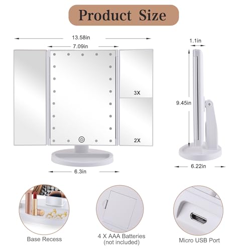 Tri-fold Lighted Vanity Makeup Mirror with 3x/2x Magnification,21 LEDs Light and Touch Screen,180 Degree Free Rotation Countertop Cosmetic Mirror,Travel (White)