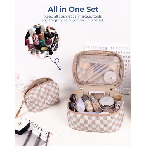 BAGSMART Travel Makeup Bag, 2-Piece Puffy Quilted Cute Make Up Bag Cosmetic Bags for Women, Large Wide-Open Toiletry Pouch Gifts for Toiletries Accessories Travelling Essentials, Checkered Khaki