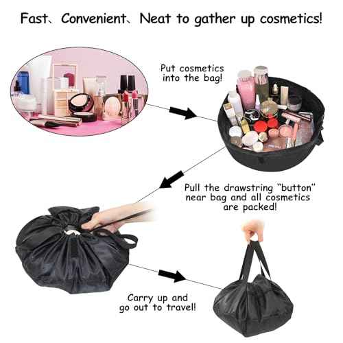 Drawstring Makeup Bag Open Flat ? Barrel Drawstring Cosmetic Bag for Women Toiletry Bag for Travel with Brush Bag (Black)