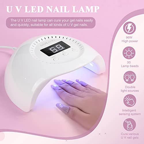 SAVILAND Poly Nail Gel Kit-8 Colors Poly Nail Extension Gel White Pink Glitter with 96W U V Nail Lamp Slip Solution Nail Tools All in 1 Nail Kits Starter Kit for Nail Salon Home DIY
