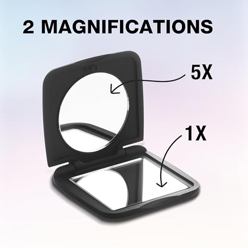 Conair Pocket Mirror for Women or Men, Small Compact Mirror for Purses or Toiletry Bags, Travel Magnifying Makeup Mirror with 1x/5x Magnification in Black
